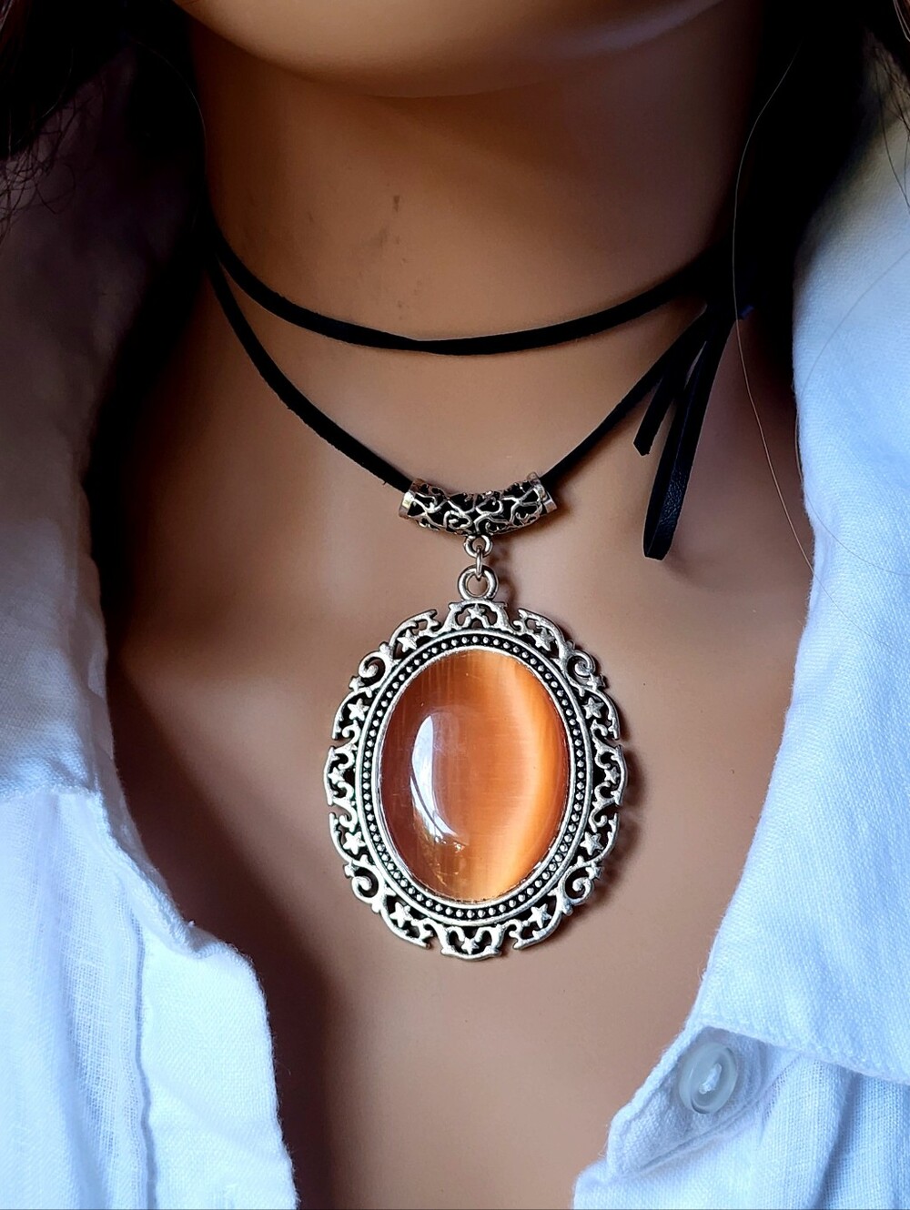 Elegant Oval Large Medallion Cat Eye Stone Tangerine Cabochon Pendant